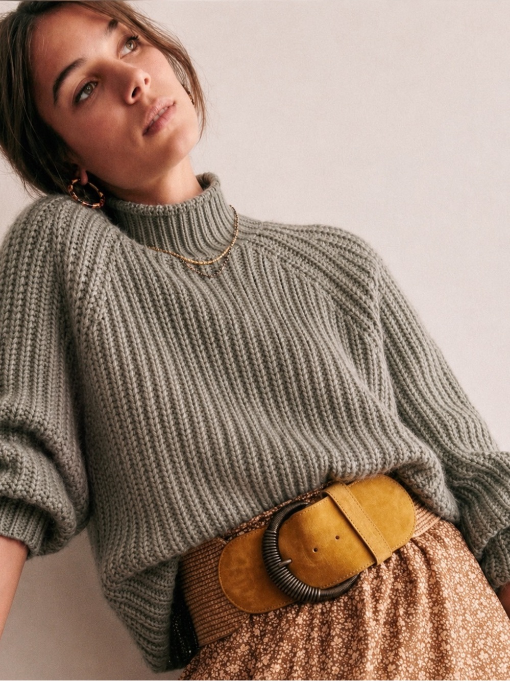 H&M Dusty Sage Green Rolled Neck and Hem Chunky Ribbed Knit Sweater, Size L